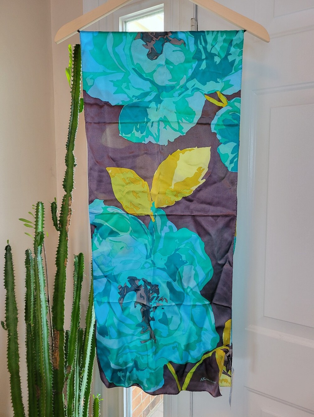 NWT‎ Anne Klein Silk Teal & Yellow Floral Scarf 13in×62in